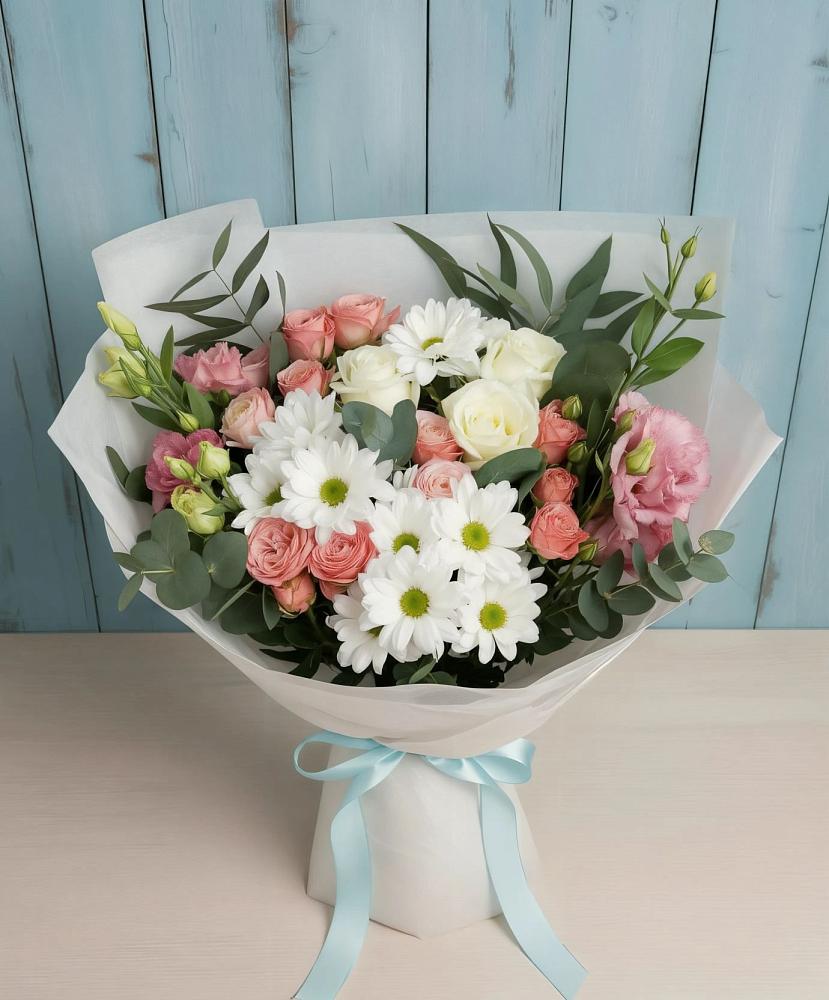 Букет цветов из: Розы, Лизиантусы и Хризантемы в Пустоши