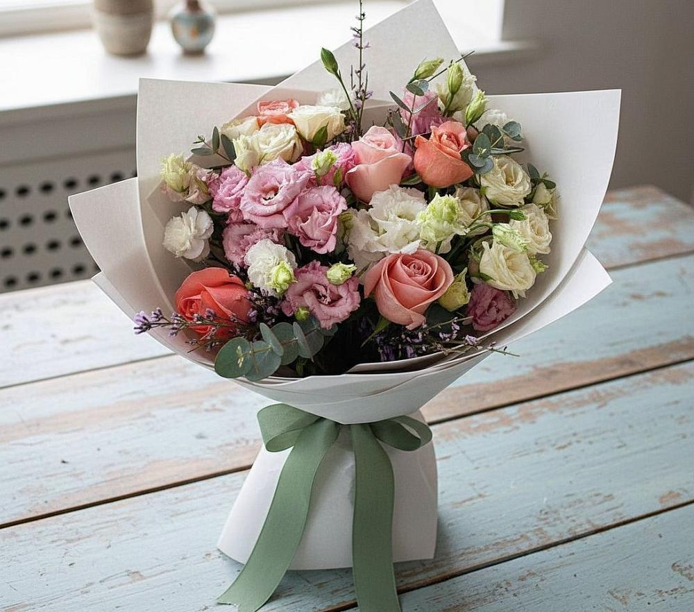 Букет цветов из: Розы, Лизиантусы и Гвоздики в Пустоши