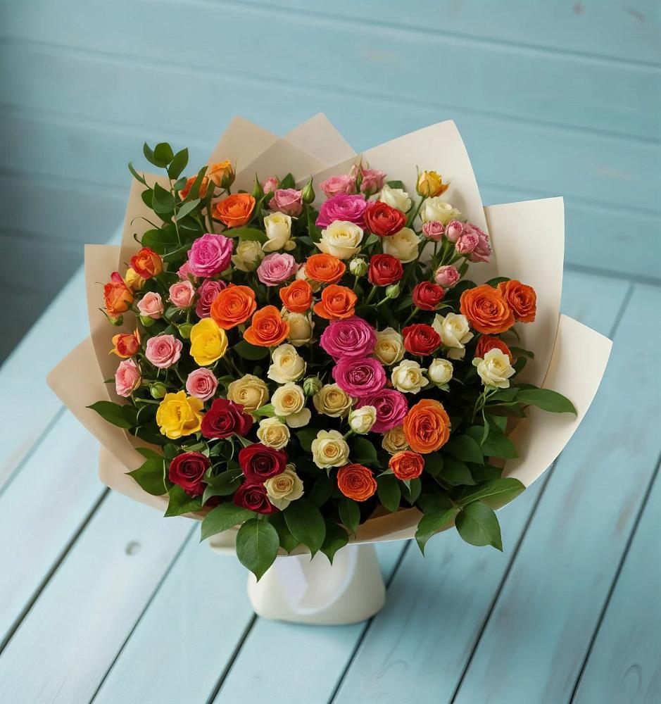Букет Микс из разноцветных кустовых роз в Пустоши
