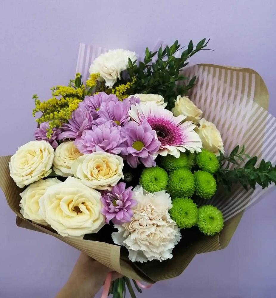 Букет цветов из: Хризантемы, Розы, Гвоздики и Герберы в Пустоши