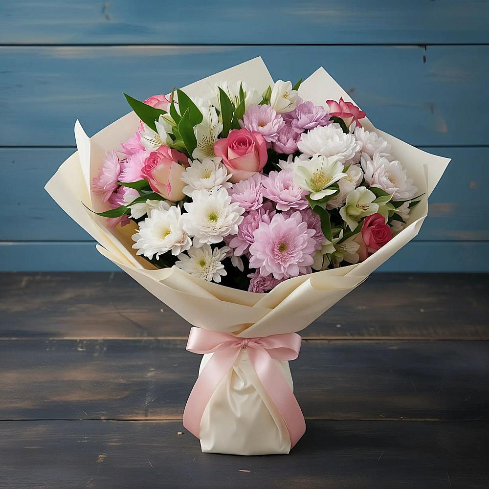 Букет цветов из: Хризантемы, Альстромерии и Розы в Пустоши